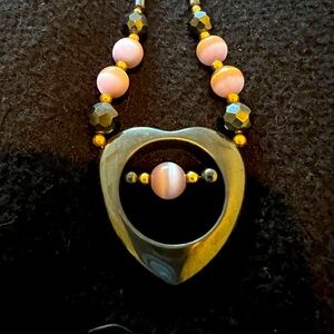 Hematite stones with heart accents with light pink and grey necklace